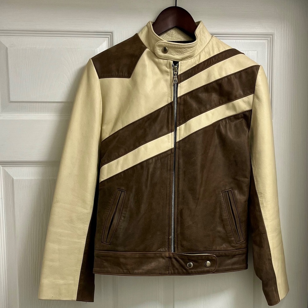 Vintage Brown and Cream Diagonal-Stripe Leather Jacket